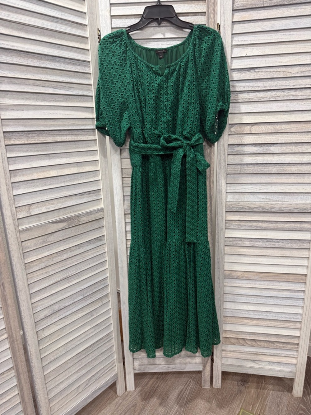 Ann Taylor Emerald Green Eyelet Maxi Dress with Waist Tie